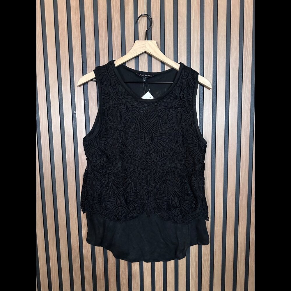 New Generation Love NY Top Large Black Textured Embroidered Nori Sleeveless Tank